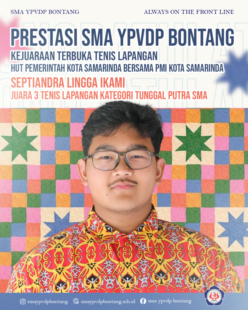 Septiandra Lingga Ikami berhasil meraih Juara 3 kategori tunggal putra SMA pada kejuaraan terbuka tenis lapangan yang diselenggarakan dalam rangka peringatan Hari Ulang Tahun Pemerintah Kota Samarinda bersama Palang Merah Indonesia Kota Samarinda.